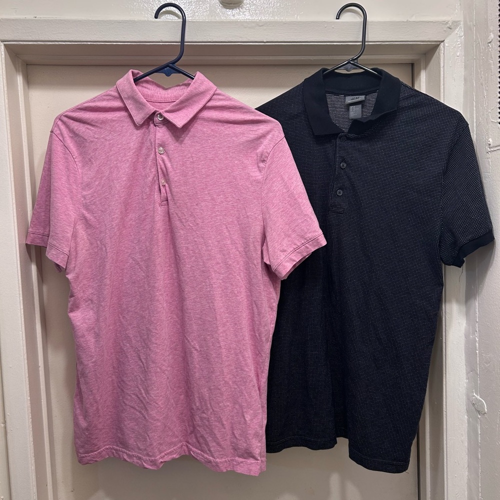 H&M Mens Medium Bundle Lot Polo Shirts Pink Heathered Navy Polka Dots Cotton